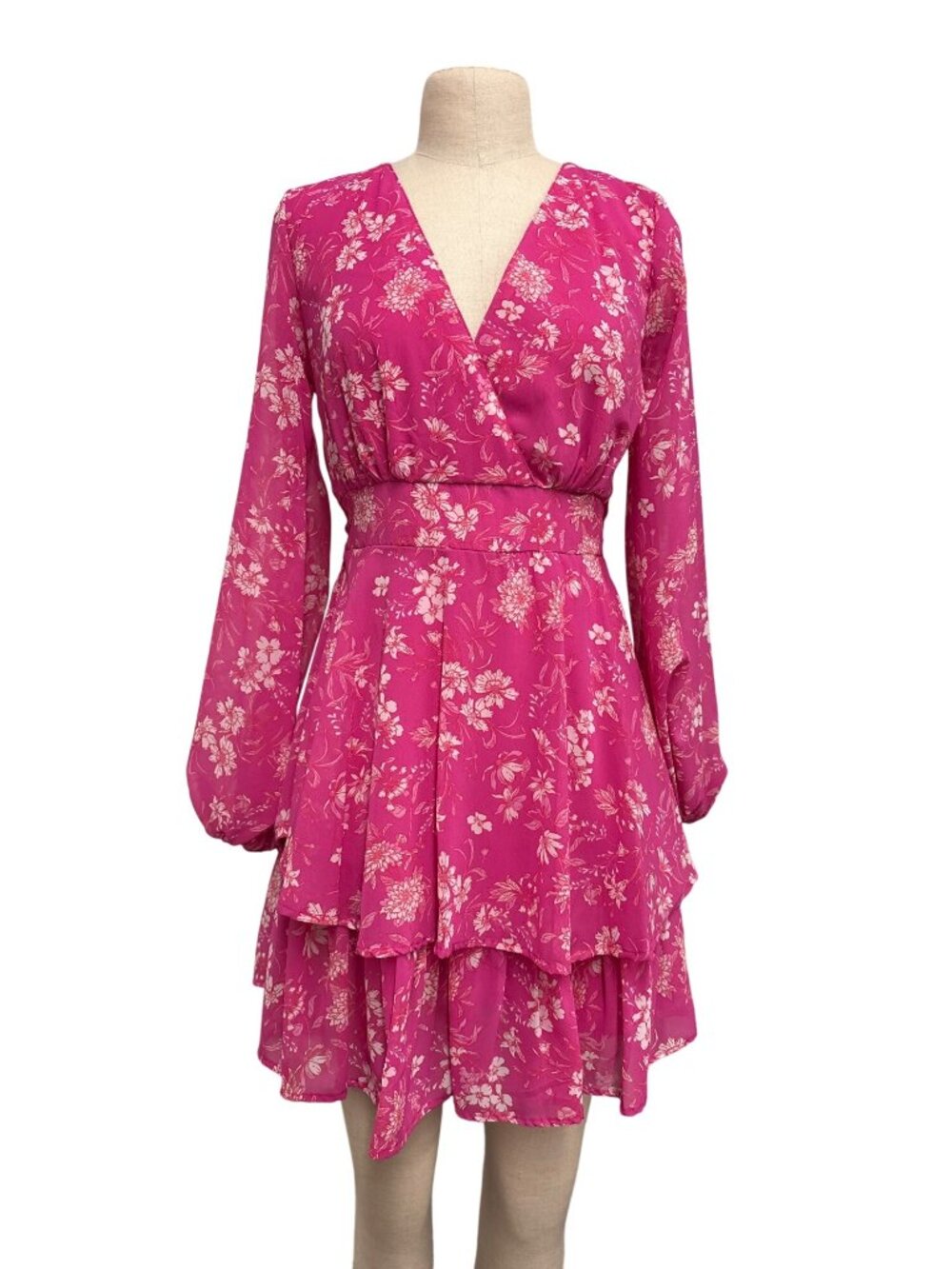 Floral Pink Long Sleeve Tiered Mini Dress By Japna M